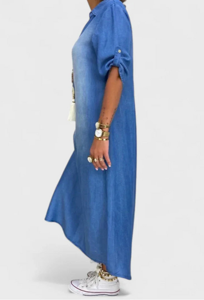 Lea | Lang Kjole i Denimlook med Sideslids