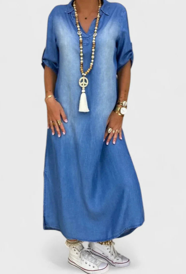 Lea | Lang Kjole i Denimlook med Sideslids