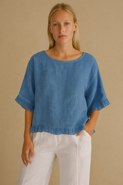 Lærke Bluse | Blød Linned – Afslappet Elegance med Flæsedetaljer