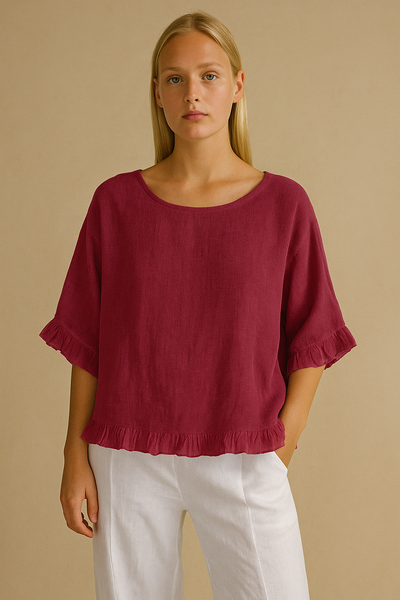 Lærke Bluse | Blød Linned – Afslappet Elegance med Flæsedetaljer