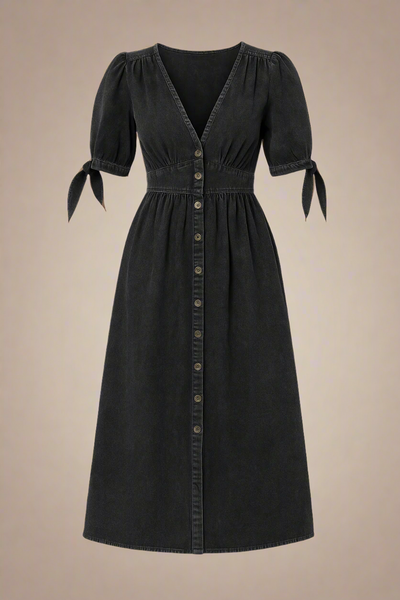 Celina Kjole | Lang denimkjole med knapper og markeret talje