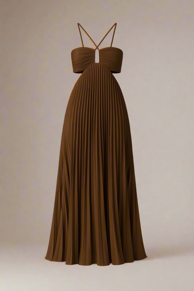SOFIE KJOLE | Lang plisseret kjole med krydsstropper og struktureret bryst