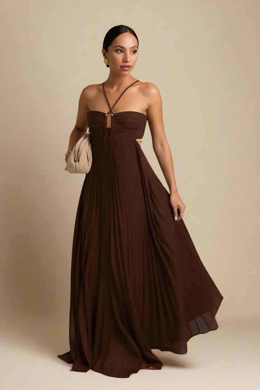 SOFIE KJOLE | Lang plisseret kjole med krydsstropper og struktureret bryst