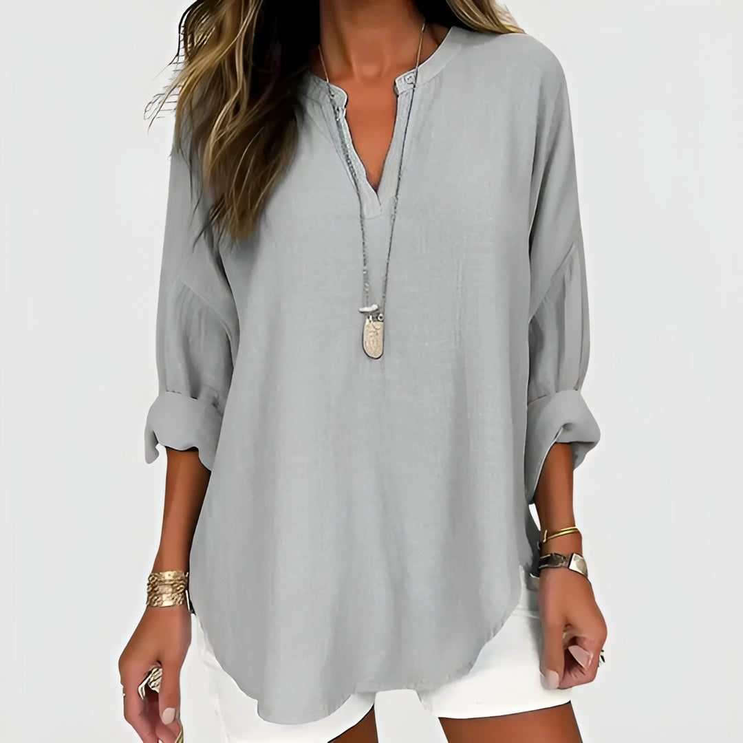 Sofie™ – Blå hørbluse med tidløst udtryk